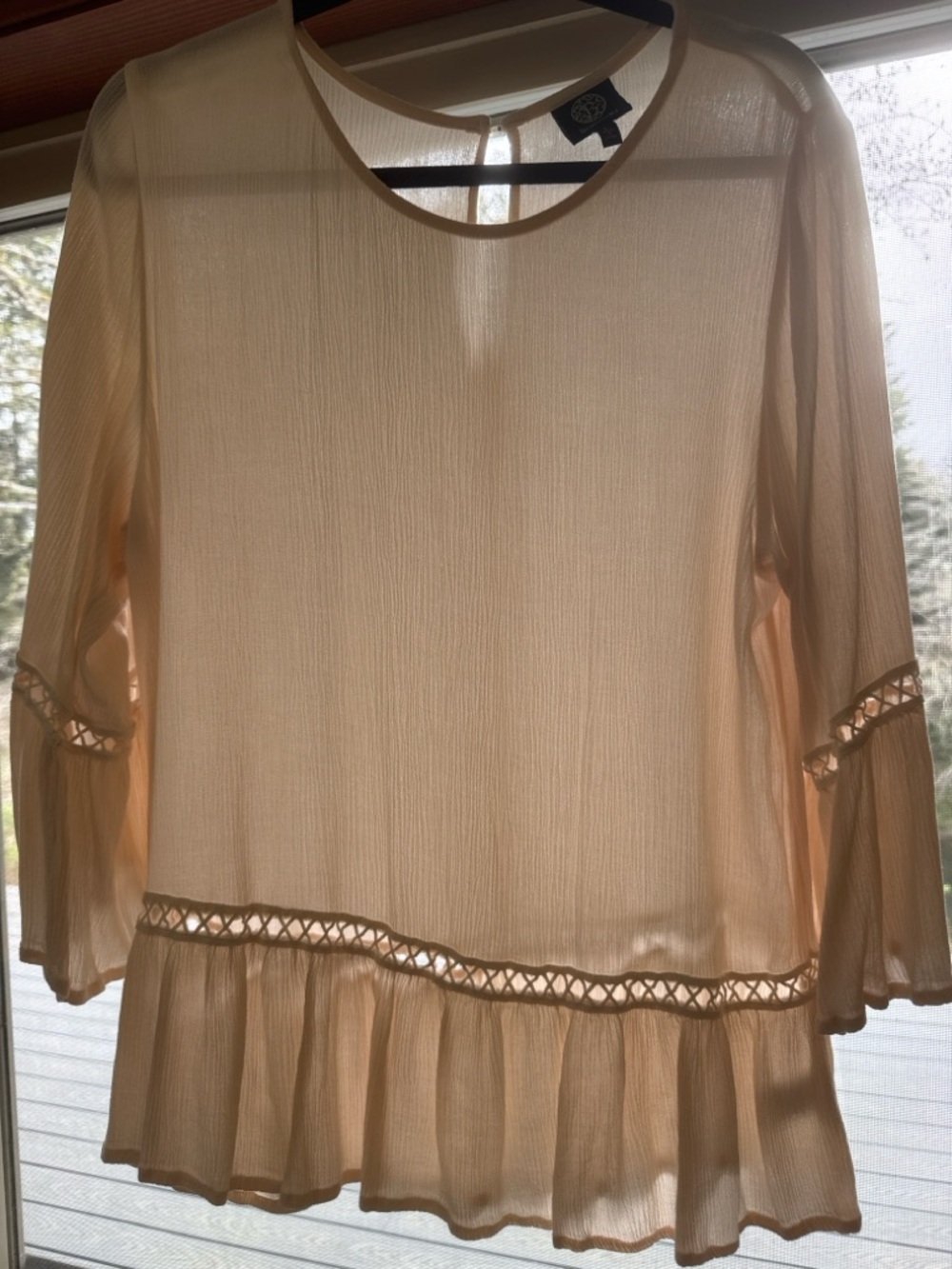 bobeau Cream Sheer Blouse with Delicate Trim